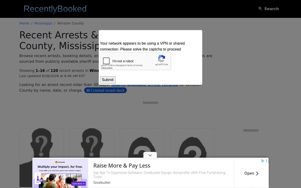 Winston County arrest news screenshot of a RecentlyBooked secondary booking index, not an official mugshot source