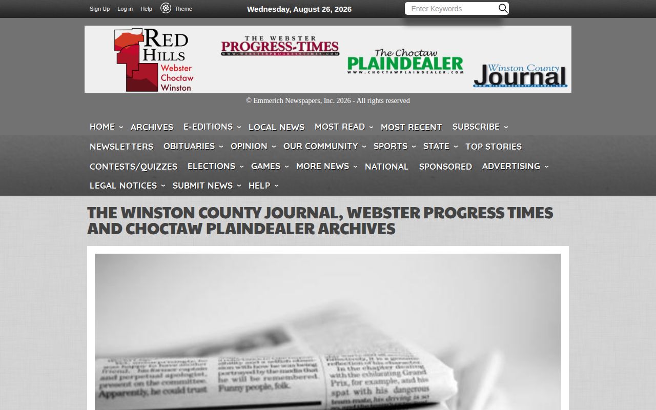 Winston County arrest news source showing the searchable Winston County Journal archive landing page