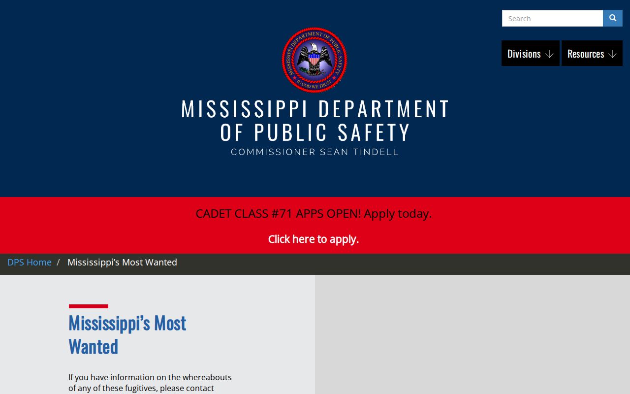 Winston County wanted-fugitives resource showing the Mississippi DPS Most Wanted record source